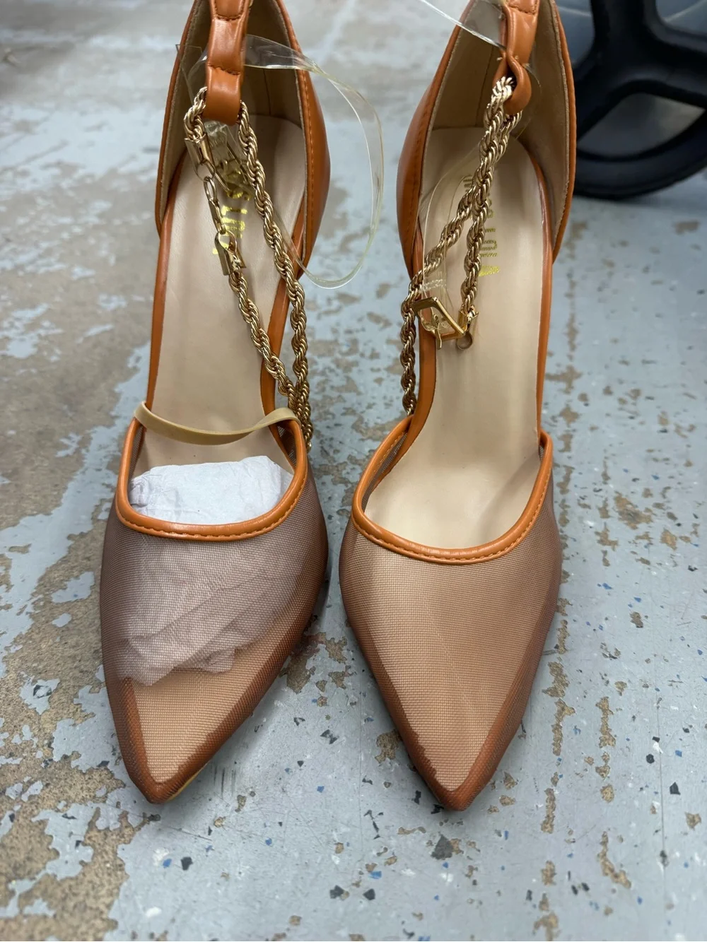 Miss Lola Tan Pointed Toe Mesh Pumps with Gold Chain Ankle Strap